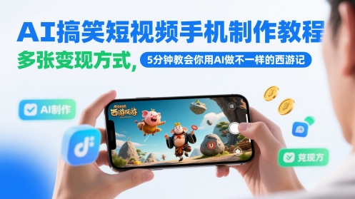 AI搞笑短视频手机制作教程，多张变现方式，5分钟教会你用AI做不一样的西游记-秀人资源网