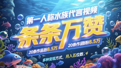 第一人称水族代言视频，条条万赞，20条作品涨粉7.8W，多种变现方式月入五位数-整合资源网