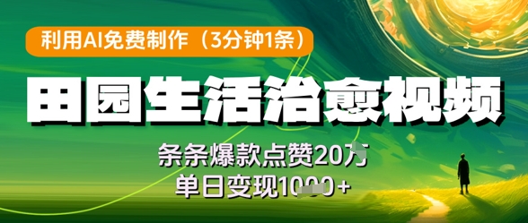 利用AI免费制作田园生活治愈视频，条条爆款点赞20W，单日变现几张-秀人资源网