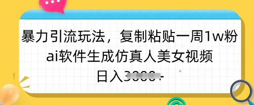 暴力引流玩法，复制粘贴一周1w粉，ai软件生成仿真人美女视频，日入多张-秀人资源网
