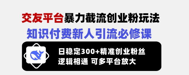 交友平台暴力截流创业粉玩法，知识付费新人引流必修课，日稳定300+精准创业粉丝，逻辑相通可多平台放大-秀人资源网