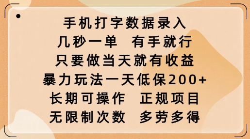 手机打字数据录入，几秒一单，有手就行，只要做当天就有收益，暴力玩法一天低保2张-秀人资源网