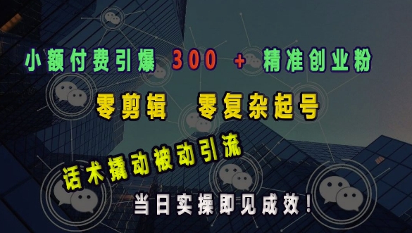 小额付费引爆 300 + 精准创业粉，零剪辑、零复杂起号，话术撬动被动引流，当日实操即见成效-秀人资源网