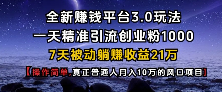 全新赚钱平台3.0玩法一天精准引流创业粉1000.7天被动躺Z收益21W【仅揭秘】-秀人资源网