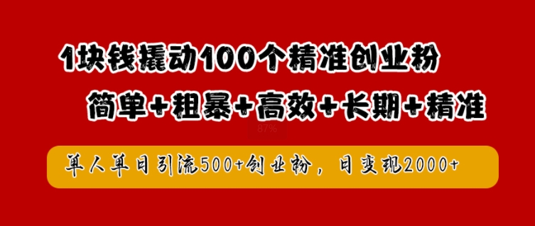 1块钱撬动100个精准创业粉，简单粗暴高效长期精准，单人单日引流500+创业粉，日变现2k【揭秘】-整合资源网