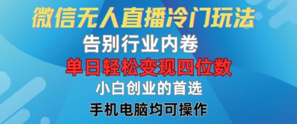 微信无人直播冷门玩法，告别行业内卷，单日轻松变现四位数，小白的创业首选【揭秘】-秀人资源网