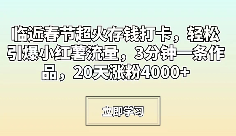 临近春节超火存钱打卡，轻松引爆小红薯流量，3分钟一条作品，20天涨粉4000+【揭秘】-秀人资源网