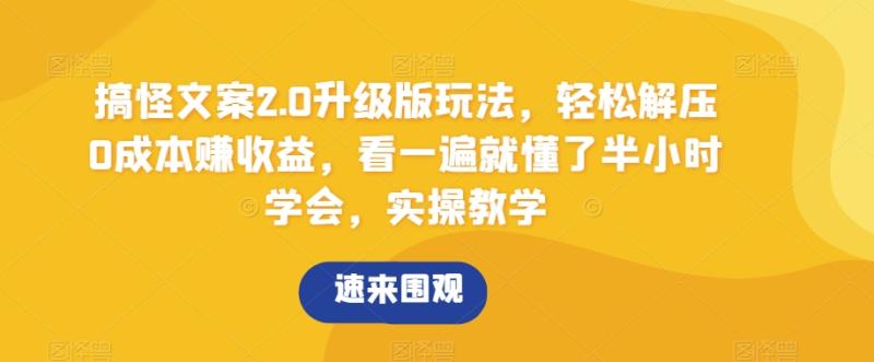 搞怪文案2.0升级版玩法，轻松解压0成本赚收益，看一遍就懂了半小时学会，实操教学【揭秘】-秀人资源网
