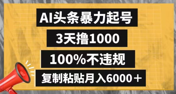 AI头条暴力起号，3天撸1000,100%不违规，复制粘贴月入6000＋【揭秘】-秀人资源网
