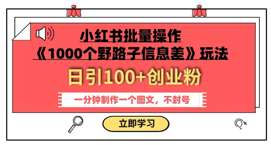 小红书批量操作《1000个野路子信息差》玩法，一分钟制作一个图文，不封号，日引100+创业粉-秀人资源网
