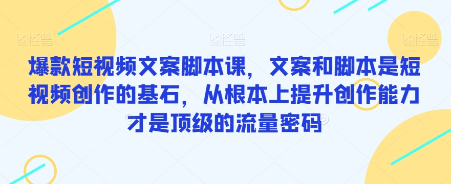 爆款短视频文案脚本课，文案和脚本是短视频创作的基石，从根本上提升创作能力才是顶级的流量密码-秀人资源网