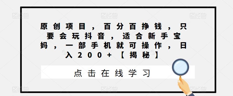 原创项目，百分百挣钱，只要会玩抖音，适合新手宝妈，一部手机就可操作，日入200+【揭秘】-整合资源网