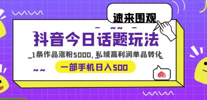 抖音今日话题玩法，1条作品涨粉5000，私域高利润单品转化一部手机日入500【揭秘】-整合资源网