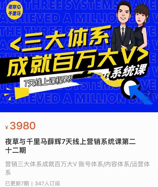 夜草与千里马薛辉7天线上营销系统课第二十二期-10月新课，营销三大体系成就百万大V-整合资源网