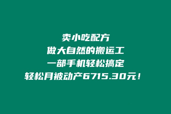 卖小吃配方，做大自然的搬运工，一部手机轻松搞定，轻松月被动产6715.30元-秀人资源网