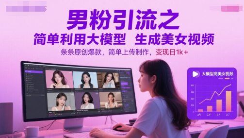 男粉引流之简单利用大模型生成美女视频，条条原创爆款，简单上传制作，变现日1k+-秀人资源网