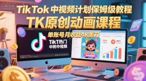TikTok中视频计划保姆级教程，TK原创动画课程，单账号月收益4k美刀-整合资源网