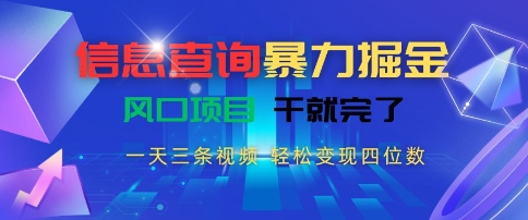 信息查询暴力掘金，一天三条视频，轻松变现四位数，风口项目干就完了【揭秘】-秀人资源网
