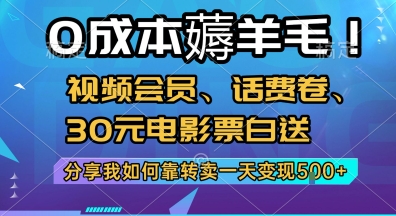 0成本薅羊毛!视频会员、话费卷、30元电影票白送，分享我如何靠转卖一天变现5张+【揭秘】-秀人资源网