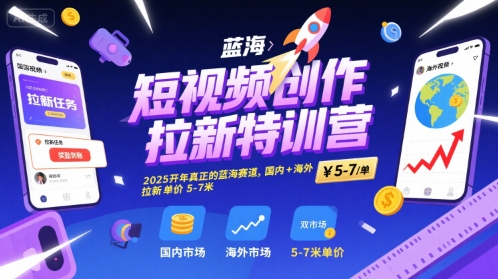 短视频创作拉新特训营，2025开年真正的蓝海赛道，国内+海外，拉新单价5-7米-整合资源网