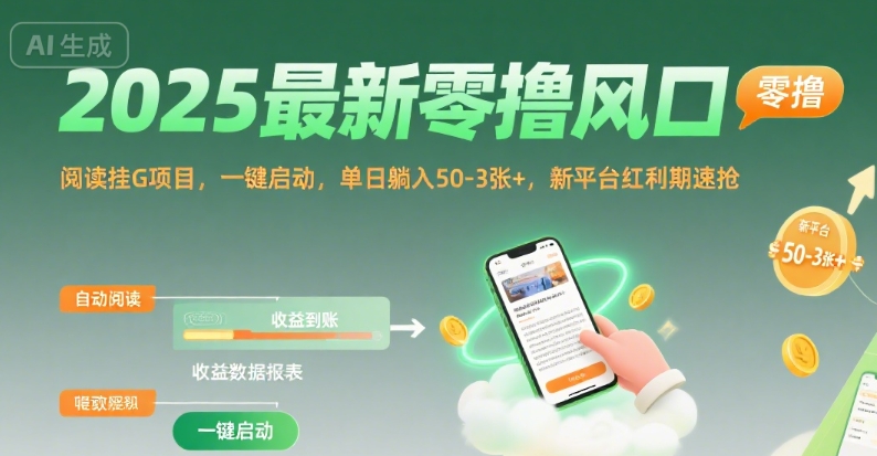 2025最新零撸风口，阅读挂G项目，一键启动，单日躺入 50-3张+，新平台红利期速抢【揭秘】-整合资源网