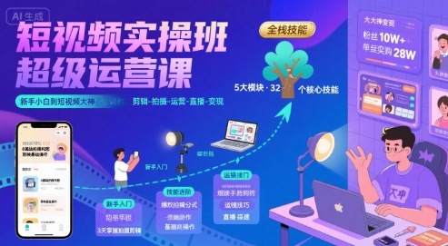 短视频实操班超级运营课，新手小白到短视频大神必修课程，剪辑-拍摄-运营-直播-变现-整合资源网