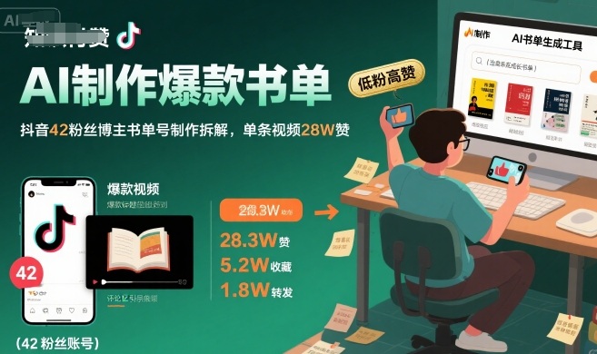 AI制作爆款书单，抖音42粉丝博主书单号制作拆解，单条视频28W赞-整合资源网