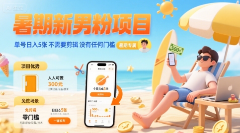 暑期新男粉项目 单号日入5张 不需要剪辑  没有任何门槛-整合资源网