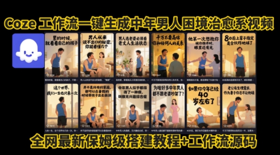 coze工作流一键生成”中年男人困境扎心高涨粉高播放量图文视频”保姆级拆解教程，无需剪辑，无需拍摄写文案-整合资源网