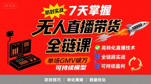无人直播带货全链防封实战课，7天掌握高转化直播技术，实现单场GMV破万可持续模型-整合资源网