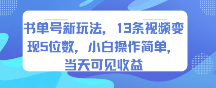 书单号新玩法，13条视频变现5位数，小白操作简单，当天可见收益-整合资源网