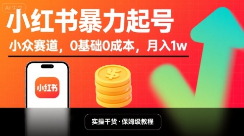 小红书暴力起号，小众赛道，0基础0成本，月入1w-整合资源网